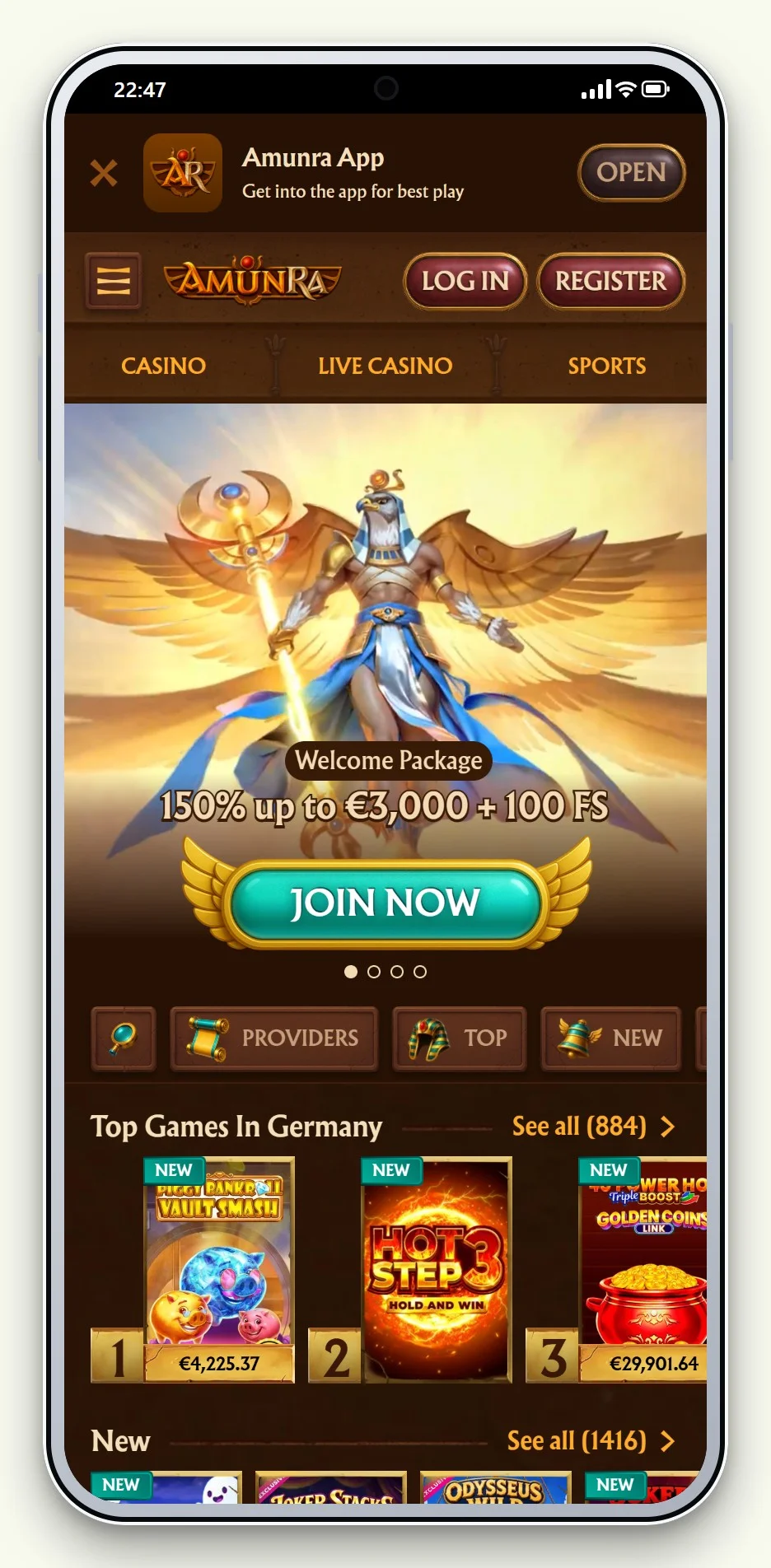 die Lobby von AmunRa aus unserem Vergleich online casino ohne verifizierung bei auszahlung