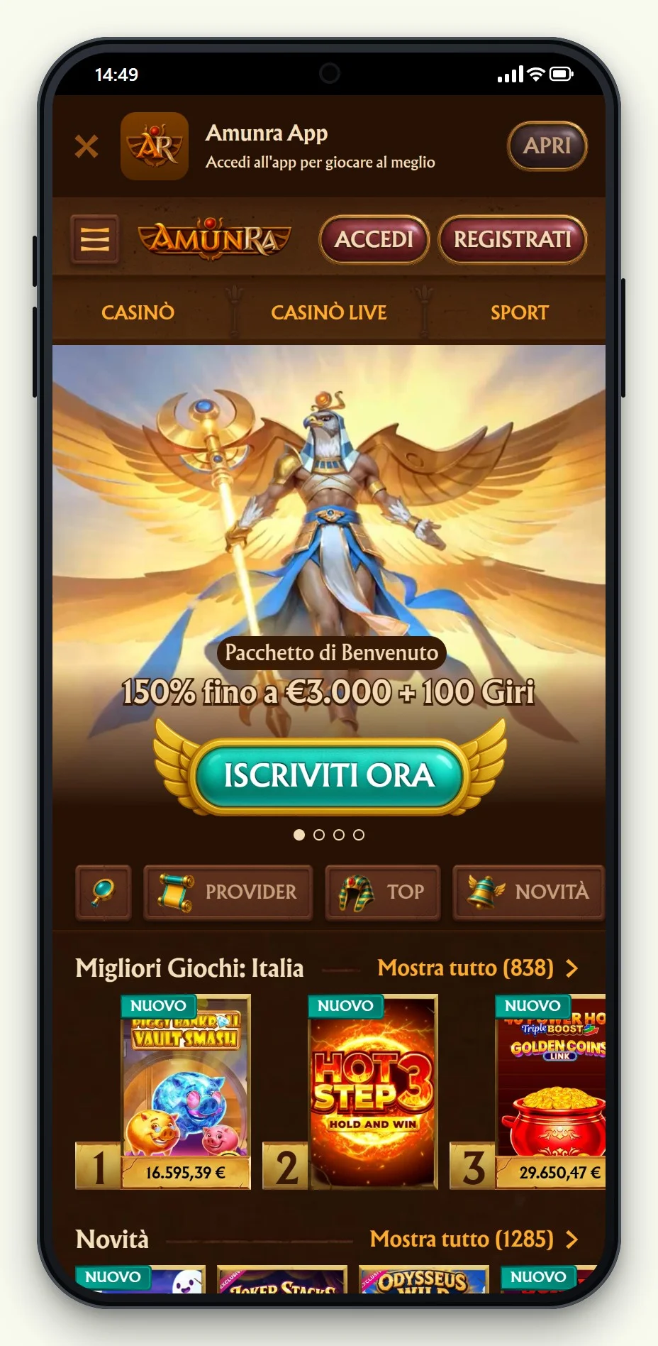 la homepage di AmunRa nella guida ai giochi che pagano su postepay