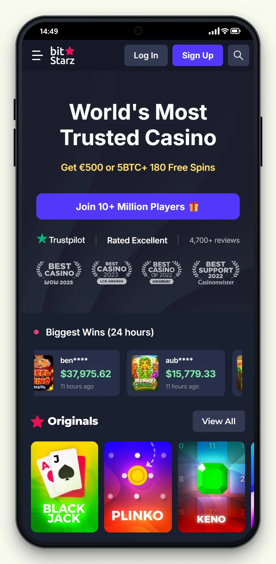 la pagina principale di BitStarz nel confronto casino prelievo immediato