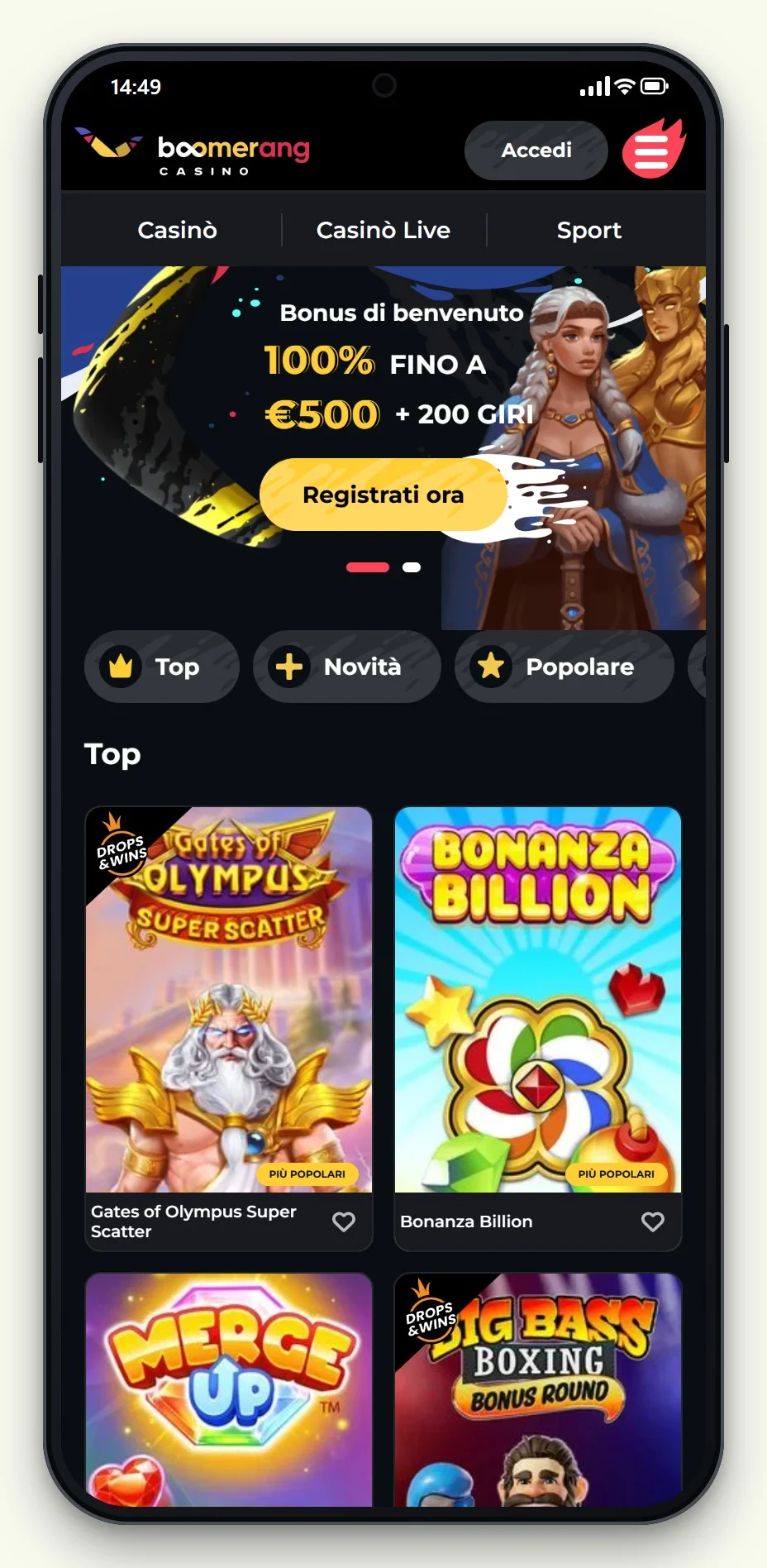 la lobby mobile di Boomerang Casino nella guida ai migliori casino mastercard