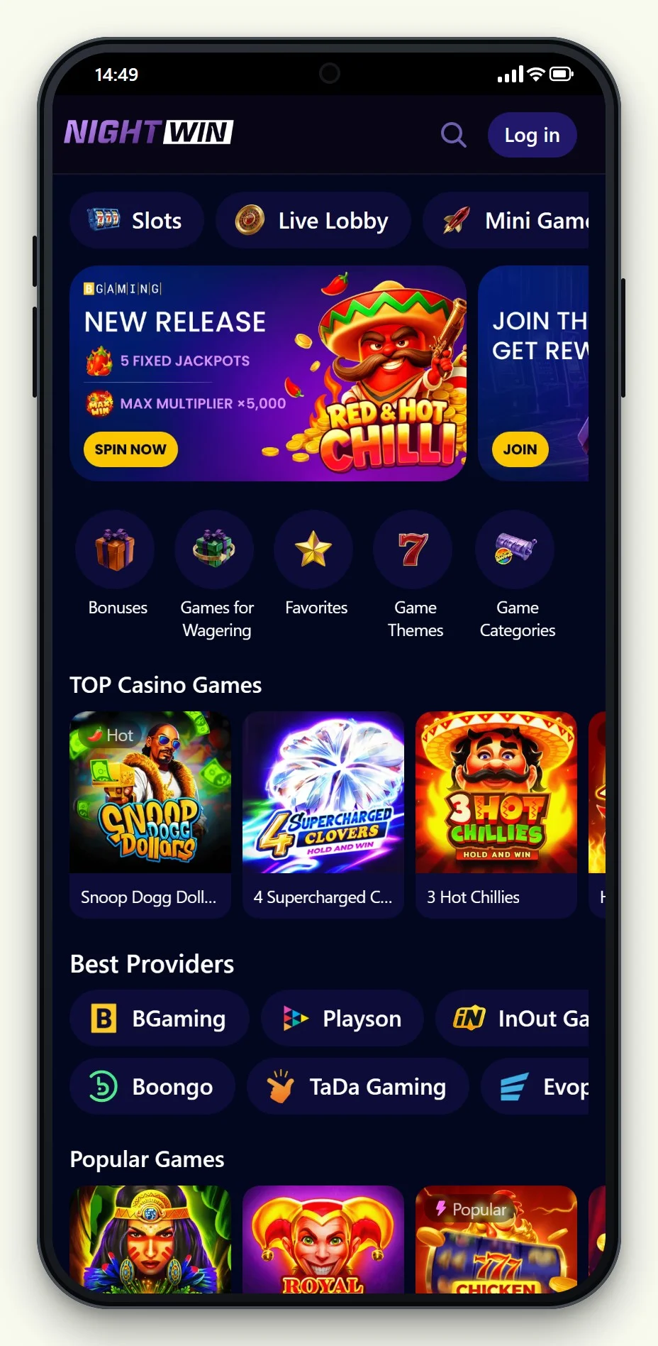 la pagina principale di NightWin nel confronto casino non aams che accettano postepay