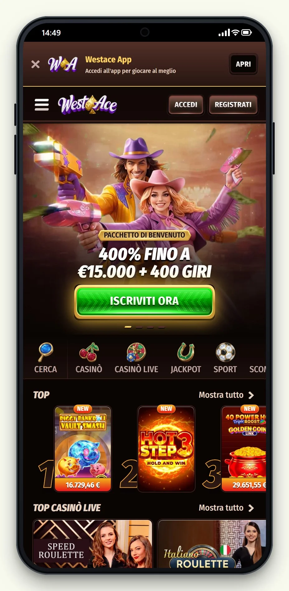 la lobby di WestAce, uno dei casino con prelievo immediato di questa pagina
