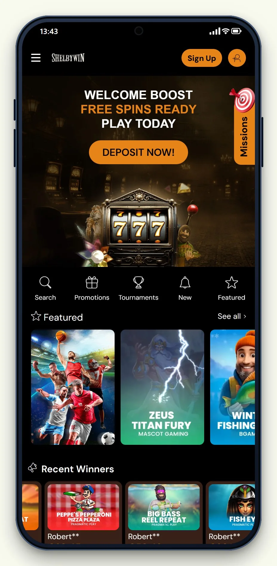 the mobile lobby of ShelbyWin, reviewed in our crypto casinos guide