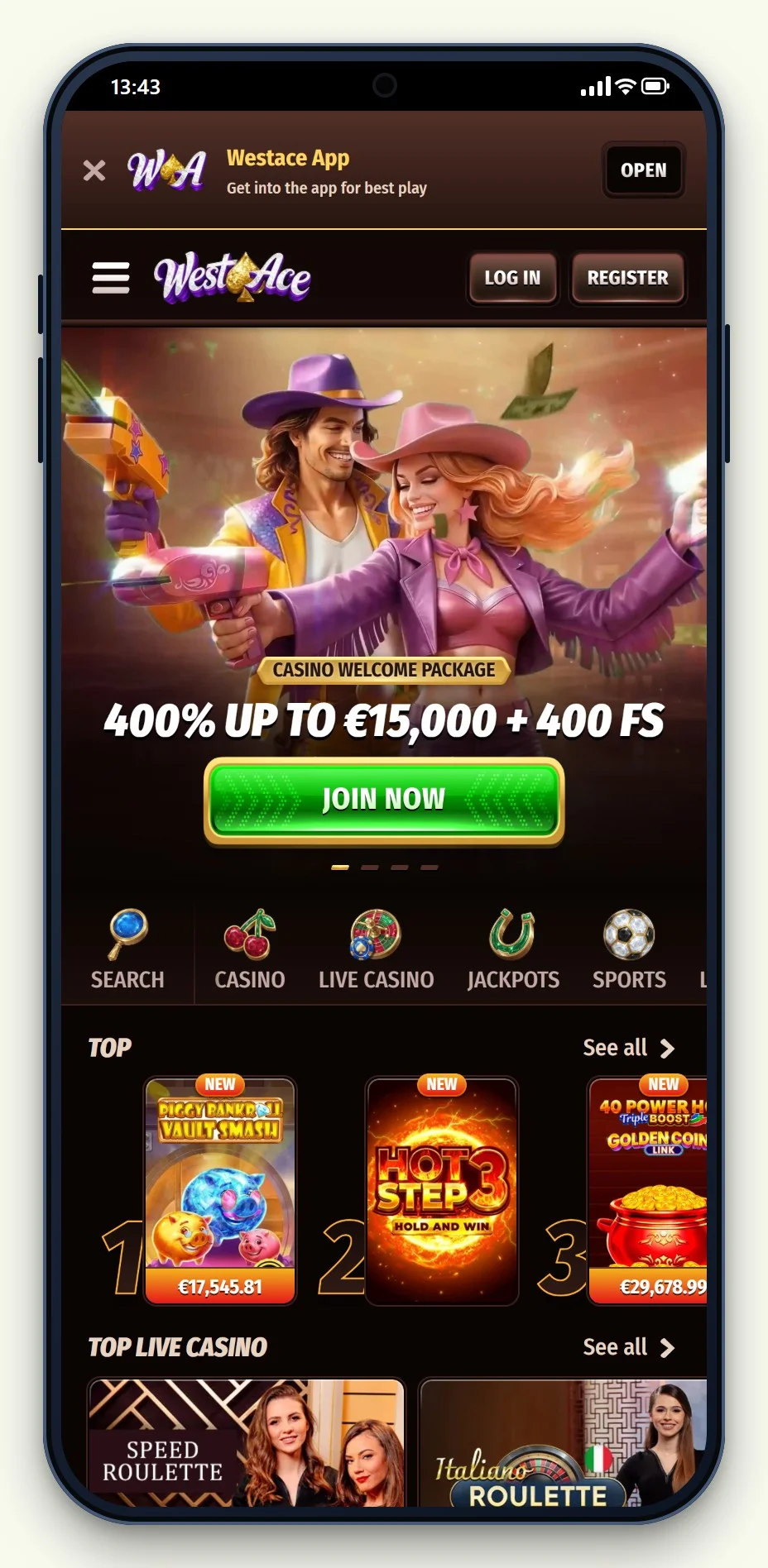 WestAce on a phone, one of the google pay casinos uk on this page