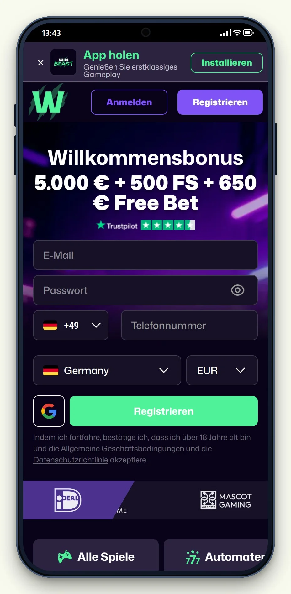 the mobile lobby of WinBeast, reviewed in our apple pay casino uk guide
